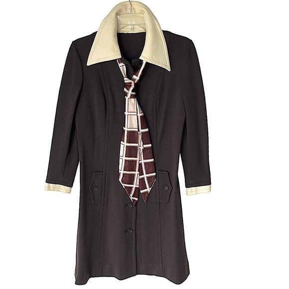 Vintage Authentic 70s Brown Knit Shirtdress Dagger Collar Mad Men Size 6/8 - Picture 3 of 10